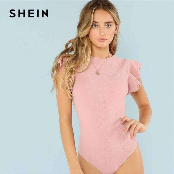 Planet Gates Pink / XS Layered Ruffle Detail Textured Bodysuit 2018 Summer Round Neck Ruffle Bodysuit Clothing Women Pink Solid Casual Bodysuit