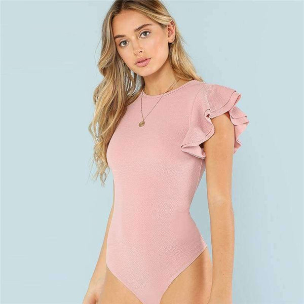 Planet Gates Pink / XS Layered Ruffle Detail Textured Bodysuit 2018 Summer Round Neck Ruffle Bodysuit Clothing Women Pink Solid Casual Bodysuit