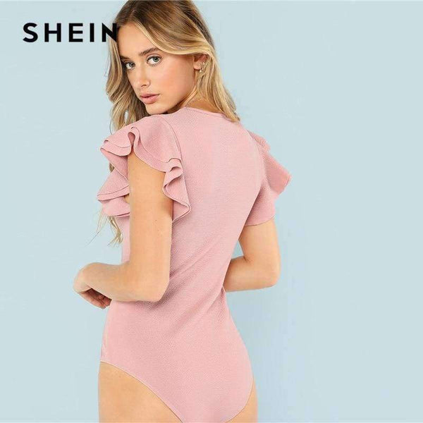 Planet Gates Pink / XS Layered Ruffle Detail Textured Bodysuit 2018 Summer Round Neck Ruffle Bodysuit Clothing Women Pink Solid Casual Bodysuit