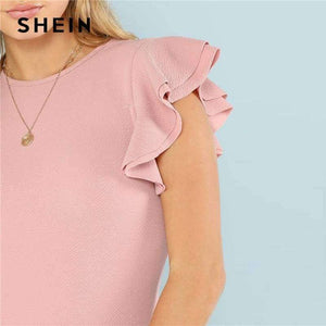 Planet Gates Pink / XS Layered Ruffle Detail Textured Bodysuit 2018 Summer Round Neck Ruffle Bodysuit Clothing Women Pink Solid Casual Bodysuit