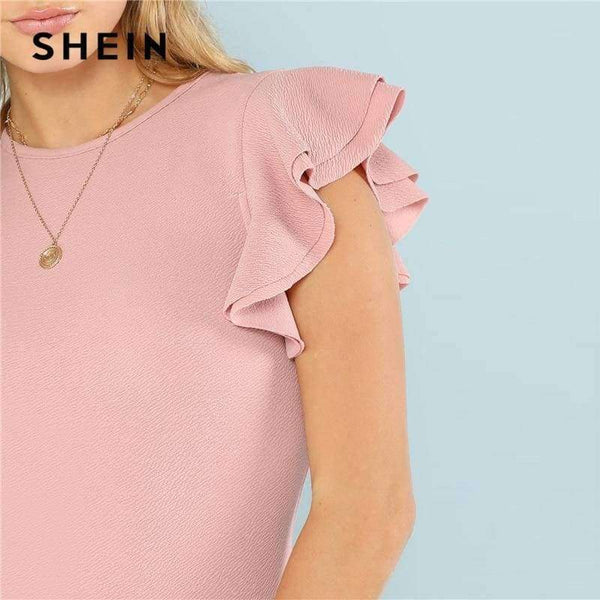 Planet Gates Pink / XS Layered Ruffle Detail Textured Bodysuit 2018 Summer Round Neck Ruffle Bodysuit Clothing Women Pink Solid Casual Bodysuit