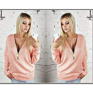 Planet Gates Pink / XS NewAutumn Women Dress Sexy Fashion Batwing Sleeve Blouse Deep V Collar Zipper Sweater Long Sleeved T-shirt Dress Plus Size S-5XL