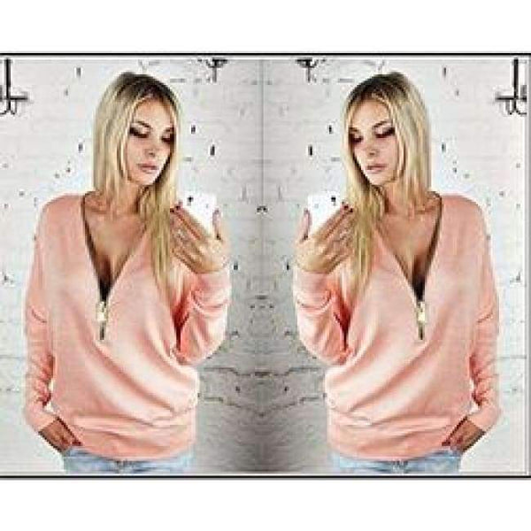 Planet Gates Pink / XS NewAutumn Women Dress Sexy Fashion Batwing Sleeve Blouse Deep V Collar Zipper Sweater Long Sleeved T-shirt Dress Plus Size S-5XL