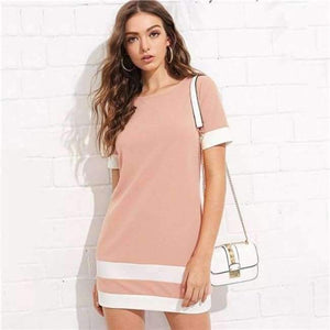 Planet Gates Pink / XS Sheinside Office Ladies Color Block Casual Minikjoler Arbejdstøj Sort Hvid Patchwork Rund Hals Kortærmet Shiftkjole