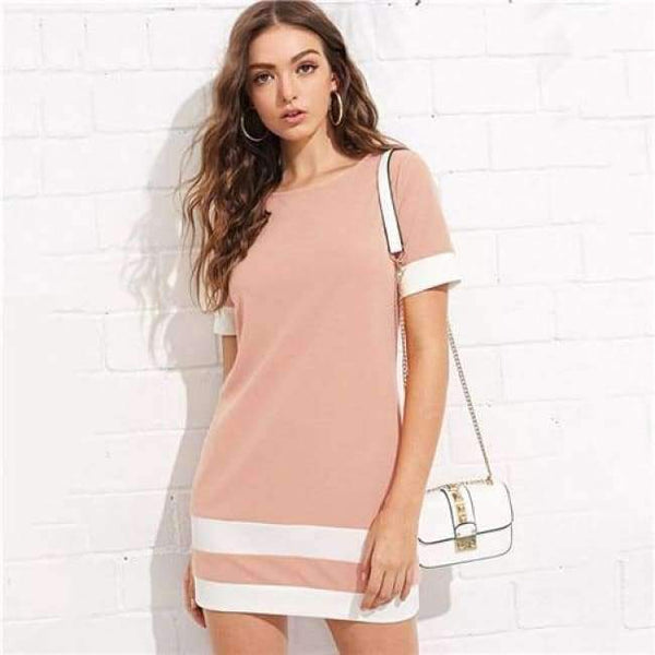Planet Gates Pink / XS Sheinside Office Ladies Color Block Casual Minikjoler Arbejdstøj Sort Hvid Patchwork Rund Hals Kortærmet Shiftkjole