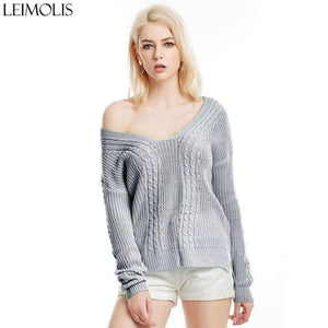 Planet Gates pink ZJ015 / M Autumn Knitted Sexy Off Shoulder Sweater Women Gray Harajuku Streetwear Pullover V Neck Casual Jumper Winter Clothes
