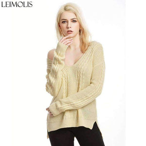 Planet Gates pink ZJ015 / M Autumn Knitted Sexy Off Shoulder Sweater Women Gray Harajuku Streetwear Pullover V Neck Casual Jumper Winter Clothes