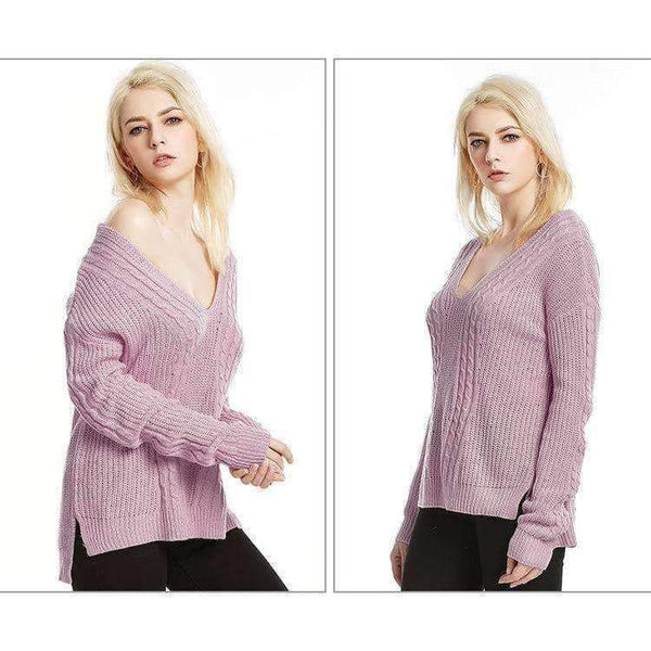 Planet Gates pink ZJ015 / M Autumn Knitted Sexy Off Shoulder Sweater Women Gray Harajuku Streetwear Pullover V Neck Casual Jumper Winter Clothes