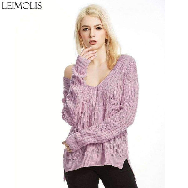 Planet Gates pink ZJ015 / M Autumn Knitted Sexy Off Shoulder Sweater Women Gray Harajuku Streetwear Pullover V Neck Casual Jumper Winter Clothes