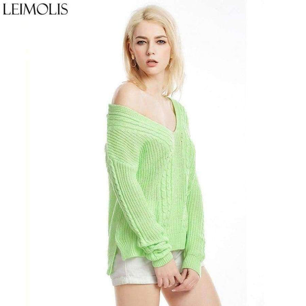 Planet Gates pink ZJ015 / M Autumn Knitted Sexy Off Shoulder Sweater Women Gray Harajuku Streetwear Pullover V Neck Casual Jumper Winter Clothes