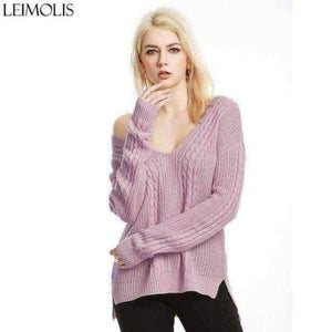 Planet Gates pink ZJ015 / M Autumn Knitted Sexy Off Shoulder Sweater Women Gray Harajuku Streetwear Pullover V Neck Casual Jumper Winter Clothes