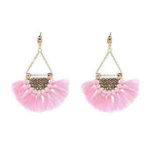 Planet Gates Pink1 Fan shaped Cotton Tassels Bohemia Earrings For Women Ethnic Jewelry Big Dangle Earrings Handmade Fringe Pendientes