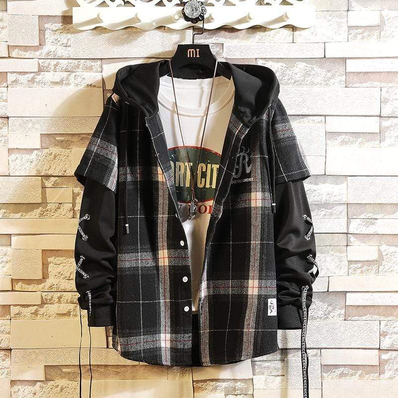 Planet Gates Plaid Hoodie Sweatshirt Men Flannel Fleece Style Hip Hop High Street Casual Cardigan Long-Sleeved