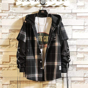 Planet Gates Plaid Hoodie Sweatshirt Men Flannel Fleece Style Hip Hop High Street Casual Cardigan Long-Sleeved