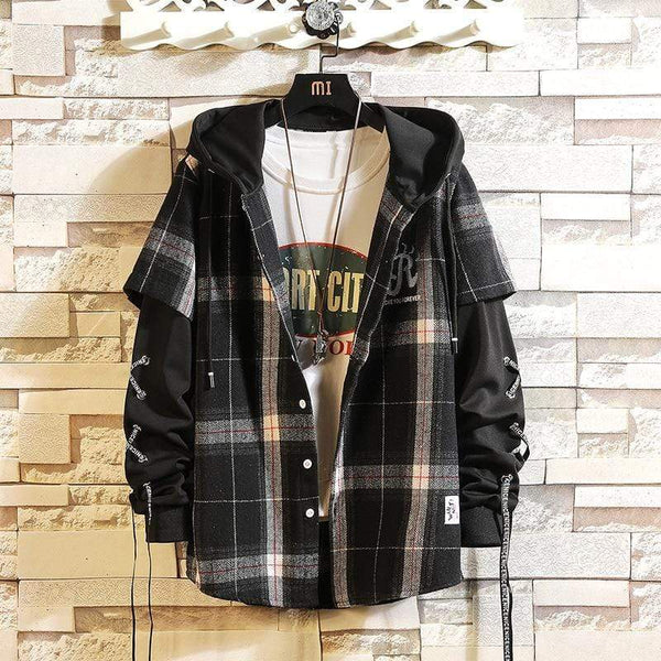 Planet Gates Plaid Hoodie Sweatshirt Men Flannel Fleece Style Hip Hop High Street Casual Cardigan Long-Sleeved