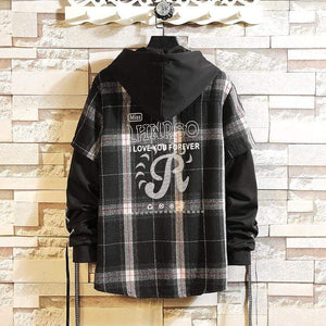 Planet Gates Plaid Hoodie Sweatshirt Men Flannel Fleece Style Hip Hop High Street Casual Cardigan Long-Sleeved