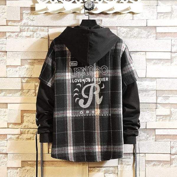 Planet Gates Plaid Hoodie Sweatshirt Men Flannel Fleece Style Hip Hop High Street Casual Cardigan Long-Sleeved