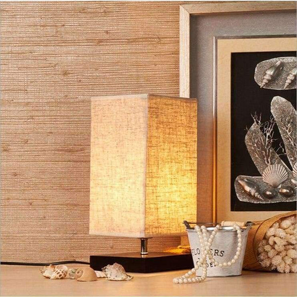 Planet Gates Plastic Base Minimalist Table Lamp Bedside Desk Lamp Nightstand Lamps with Solid Wood and Fabric Shade for Bedroom Living Room Table Decor