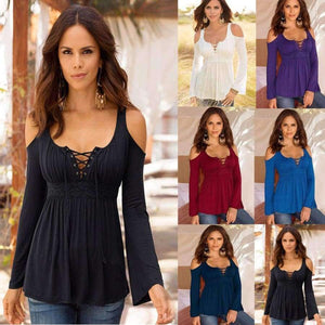 Planet Gates Plus Size 5XL Spring Women T-shirt Sexy V-Neck Lace Up Dew Shoulder T Shirt Female Casual Slim Long Sleeve Tees Tops