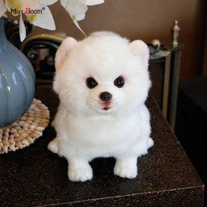 Plush Pomeranian Dog Doll Simulation Dog Stuffed Animal Toys Super Realistic Dog Toy For Pet Lovers Luxury Home Decor Snow White (28cm)