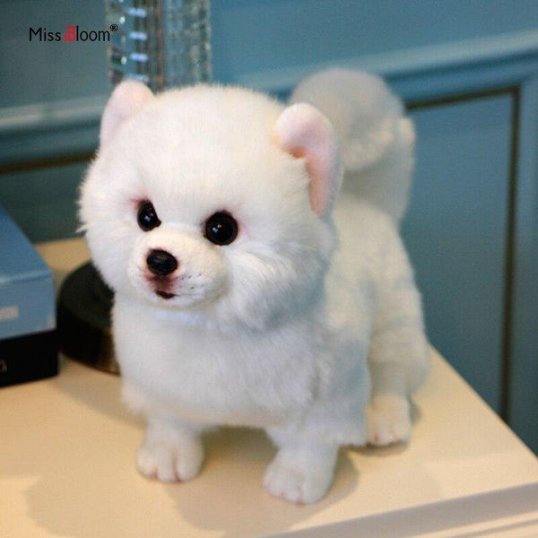 Plush Pomeranian Dog Doll Simulation Dog Stuffed Animal Toys Super Realistic Dog Toy For Pet Lovers Luxury Home Decor Snow White (28cm)