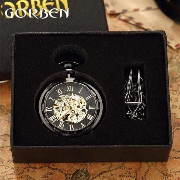 Planet Gates PM011 with box Skeleton Mechanical Fob Pocket Watch Roman Number Clock Pendant Hand-winding Men Women Chain Gift