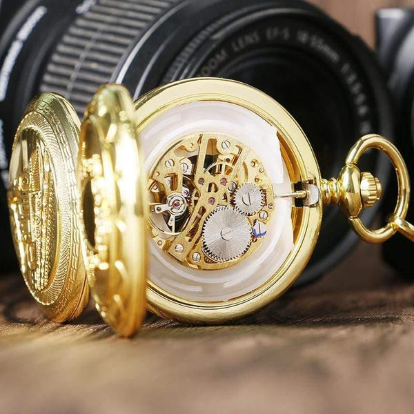 Planet Gates Pocket Watch Mechanical Hand Wind Gold Pendant FOB Double Hunter Necklace Chain Railway Men Women Clock relogio de bolso