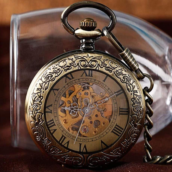 Planet Gates Pocket Watch Men Women Carving Skeleton Fashion Chain Stylish Fob Copper Xmas Exquisite Bronze Clock Gift