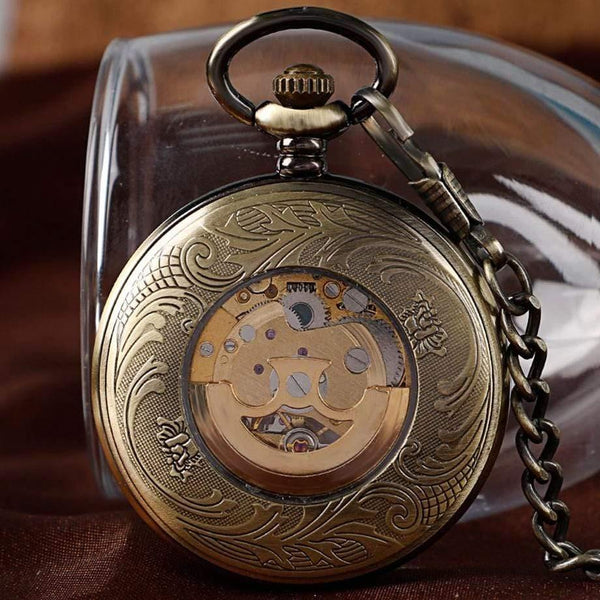 Planet Gates Pocket Watch Men Women Carving Skeleton Fashion Chain Stylish Fob Copper Xmas Exquisite Bronze Clock Gift