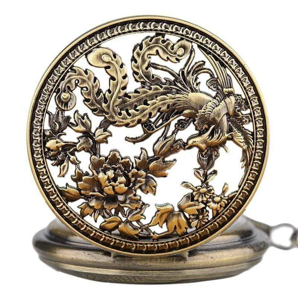 Planet Gates Pocket Watch Retro Hollow Phoenix with Peaony Carving Fob Chain Unique Art Clock Novel Lovers Friends Gifts