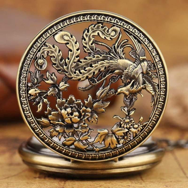 Planet Gates Pocket Watch Retro Hollow Phoenix with Peaony Carving Fob Chain Unique Art Clock Novel Lovers Friends Gifts