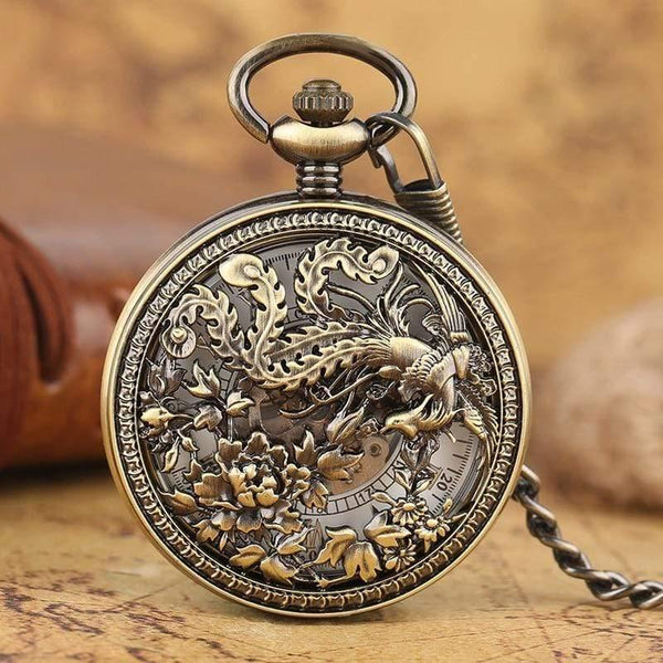 Planet Gates Pocket Watch Retro Hollow Phoenix with Peaony Carving Fob Chain Unique Art Clock Novel Lovers Friends Gifts