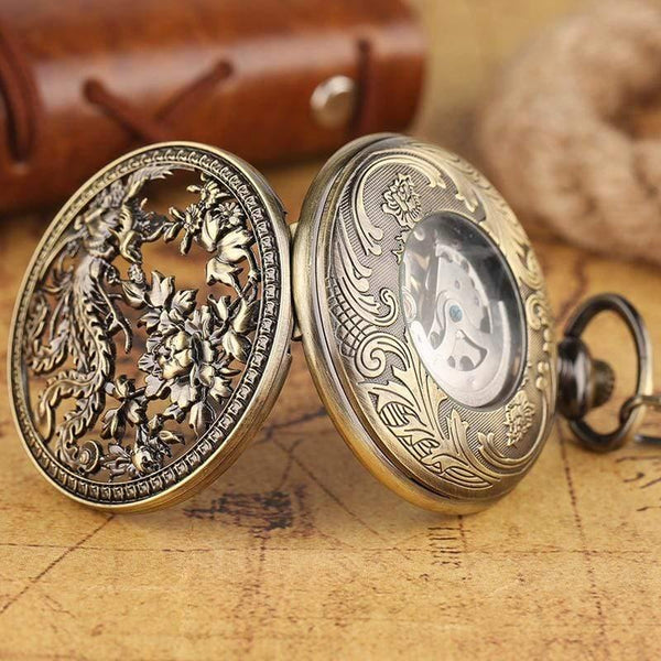 Planet Gates Pocket Watch Retro Hollow Phoenix with Peaony Carving Fob Chain Unique Art Clock Novel Lovers Friends Gifts