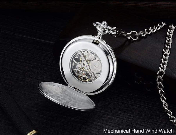 Planet Gates Pocket watches fashion mechanical hand wind skeleton watches  silver gift clock alloy case with chain