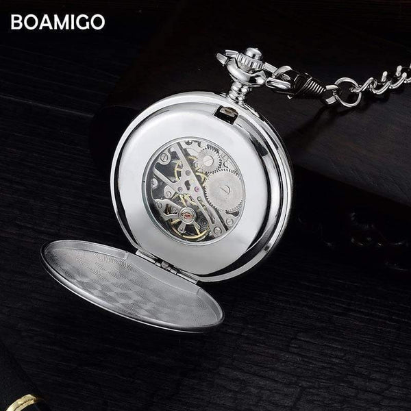 Planet Gates Pocket watches fashion mechanical hand wind skeleton watches  silver gift clock alloy case with chain