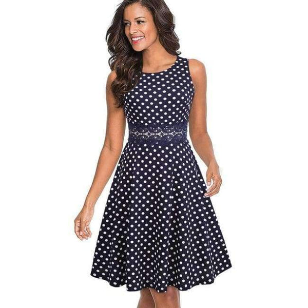 Planet Gates Polka Dot / L Nice-forever Vintage Elegantní výšivka Květinová krajka Patchwork vestidos A-Line Pinup Business Women Party Flare Swing Dress A079