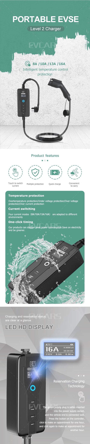 Planet Gates Portable EV Charger Level 2  J1772  Type 2  EVSE Controlle Electric Car Charging Stations 16A  230V Home Wallbox For Zoe Leaf