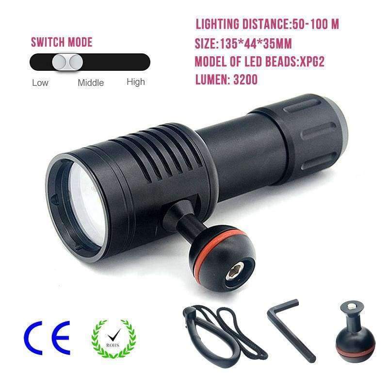 Planet Gates Portable Waterproof Flashlight Diver Diving Flashlight Scuba Photography Lamp Underwater Video LED Torch Light 100M 3200LM
