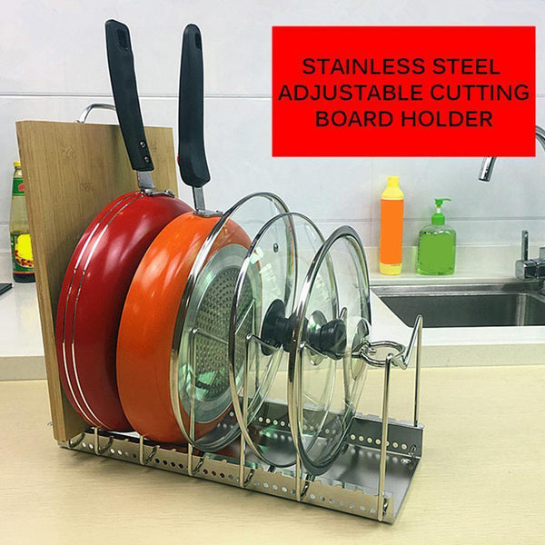 Pot Lid Rack Pan&Cutting Board Holder Stand Kitchen Organizer Dual Racks Chopping Board Shelf Stainless Steel Shelf Pan Rack