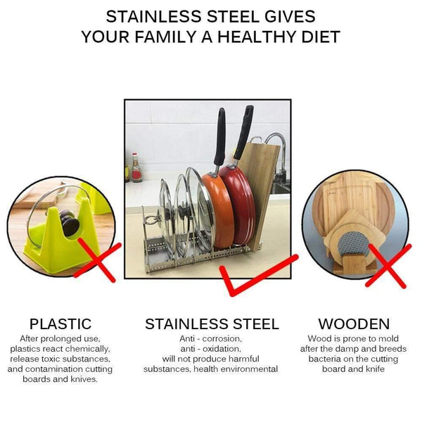 Pot Lid Rack Pan&Cutting Board Holder Stand Kitchen Organizer Dual Racks Chopping Board Shelf Stainless Steel Shelf Pan Rack