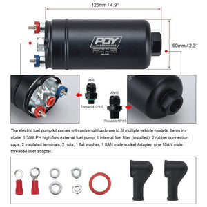 Planet Gates PQY 380LPH Inline External Fuel Pump 10AN Inlet+Check Vavle 8AN Outlet Fittings E85 Compatible 044 Style Fuel Pump