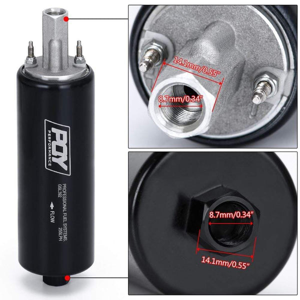 Planet Gates PQY - Black Universal High Flow & Fuel Pump GSL392 Pressure External Inline 255LPH with/without PQY logo PQY-FPB005