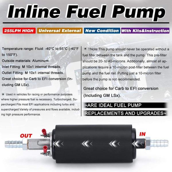 Planet Gates PQY - Black Universal High Flow & Fuel Pump GSL392 Pressure External Inline 255LPH with/without PQY logo PQY-FPB005