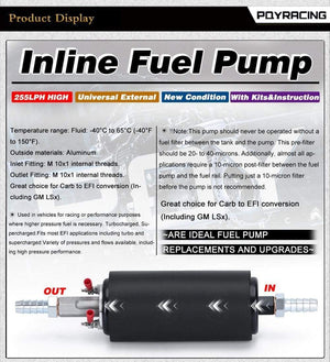 Planet Gates PQY - Black Universal High Flow & Fuel Pump GSL392 Pressure External Inline 255LPH with/without PQY logo PQY-FPB005