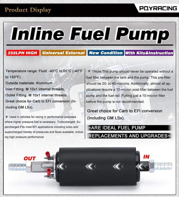 Planet Gates PQY - Black Universal High Flow & Fuel Pump GSL392 Pressure External Inline 255LPH with/without PQY logo PQY-FPB005