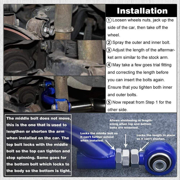 Planet Gates PQY - TRACTION ROD BLUE FOR 95-98 240SX S14 S15 R33 REAR ADJUSTABLE CAMBER CONTROL ARM KIT SUSPENSION PQY9817