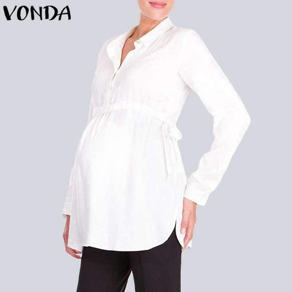 Planet Gates Pregnancy Women White Shirts  Autumn V Neck Full Sleeve Blouse Casual Loose Plus Size Solid Tops Maternity Blusas Femininas