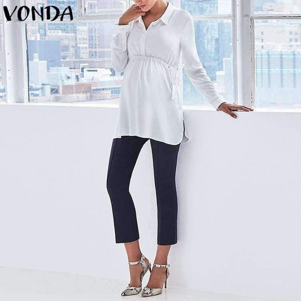 Planet Gates Pregnancy Women White Shirts  Autumn V Neck Full Sleeve Blouse Casual Loose Plus Size Solid Tops Maternity Blusas Femininas