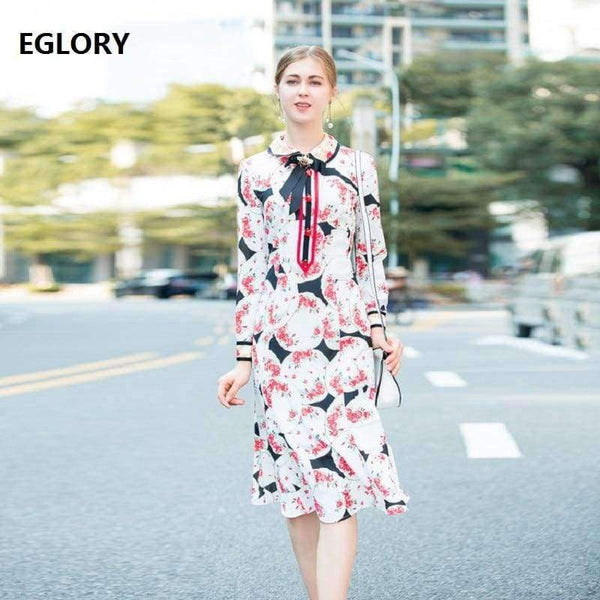 Planet Gates Print Dress 2018 Autumn Fashion Clothing Women Turn-down Collar Beading Elegant Long Sleeve Party Midi Dress Events