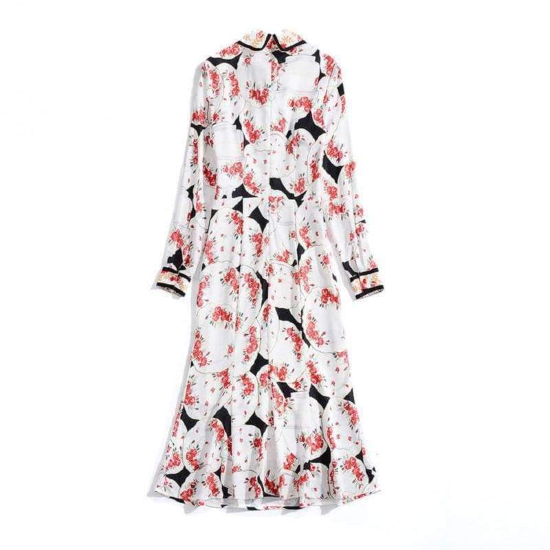 Planet Gates Print Dress 2018 Autumn Fashion Clothing Women Turn-down Collar Beading Elegant Long Sleeve Party Midi Dress Events